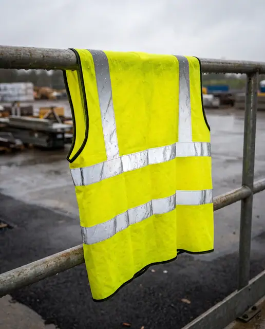 Rain-soaked hi-vis reflective safety vest on railing