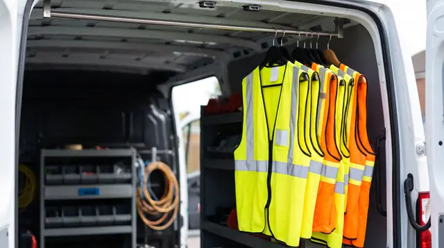 High-visibility reflective safety vests hanging work van