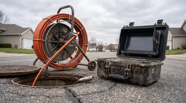 Drain inspection camera reel and monitor equipment positioned beside an open manhole cover on