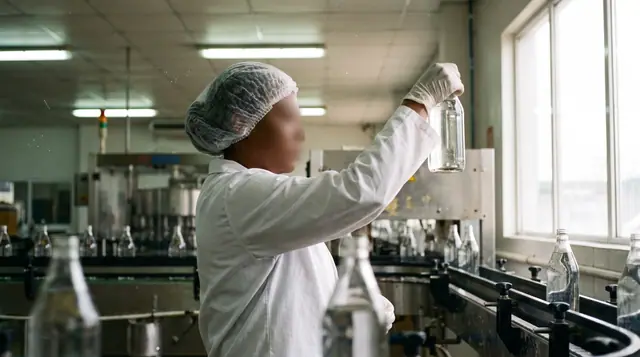 Quality inspector in a white coat and hairnet examining a clear glass bottle on a bustling
