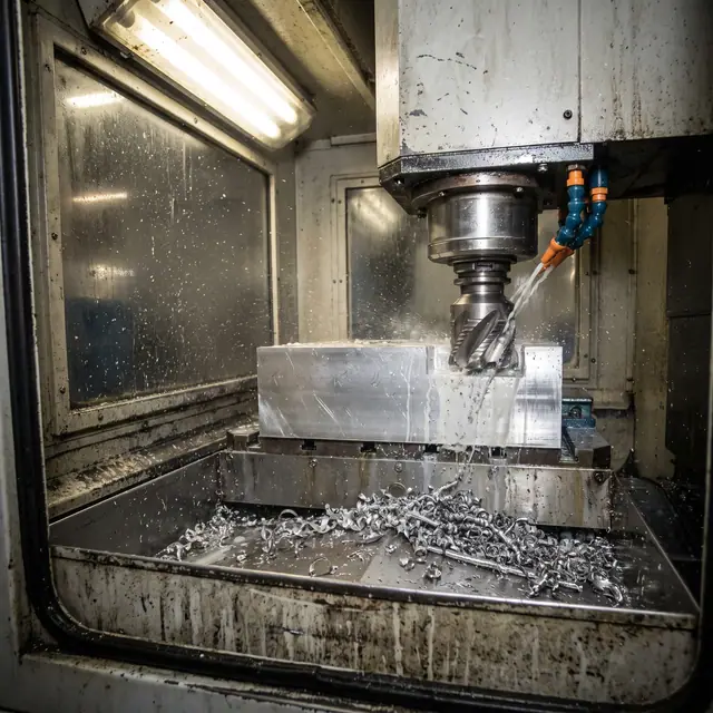Modern industrial CNC milling head precisely cutting an aluminum block, with coolant spraying