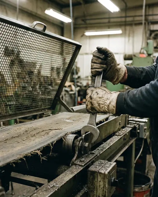 Gloved hands using a spanner to re-tension a conveyor belt with a machine guard open in an