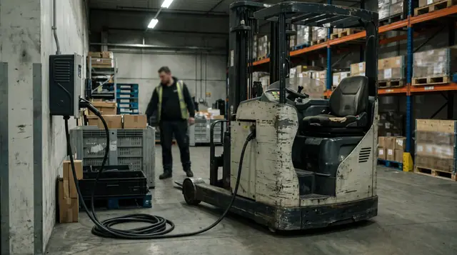 Electric forklift plugged into a wall charging station in a warehouse corner with the cable