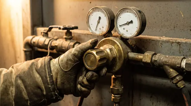 Close-up of a gloved hand carefully adjusting a brass pressure regulator on an industrial gas