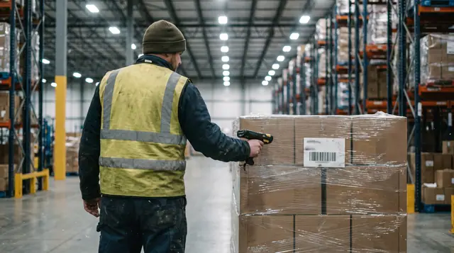 Warehouse worker in a high-visibility vest scanning a barcode on a shrink-wrapped pallet in a