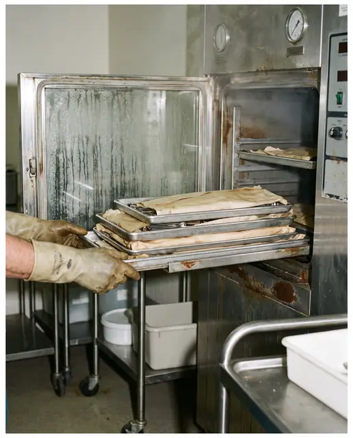 Gloved hands carefully loading wrapped surgical instrument trays into a steam autoclave for