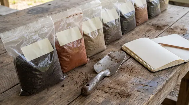 Scientific field study setup with various soil samples in labelled bags, a trowel, and a