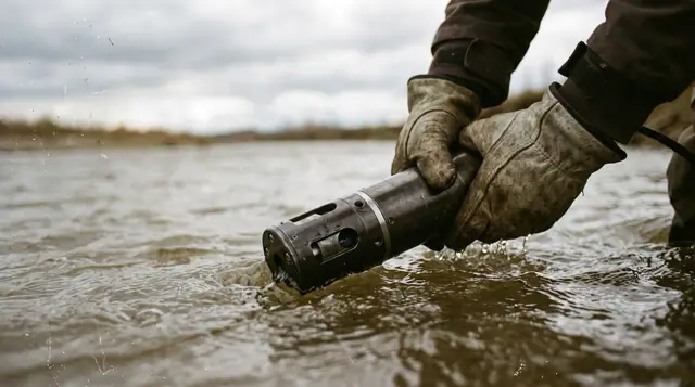 Close up of a field technician's gloved hands lowering a scientific probe into a rippling