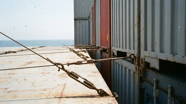 Close-up view of lashing rods and turnbuckles securing cargo containers on a ship deck under