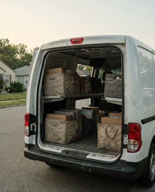 Open rear of an electric delivery van filled with sorted parcels in soft crates on a quiet