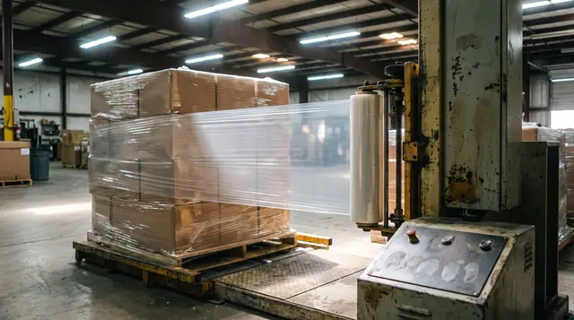 Automated stretch wrap machine in a warehouse, efficiently wrapping a loaded pallet with