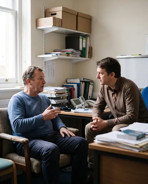 General practitioner leaning in and listening attentively to a patient during a consultation