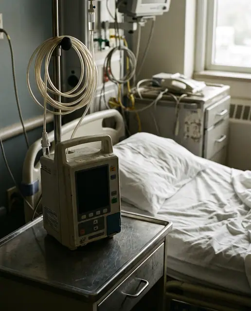 Infusion pump with neatly routed tubing on a hospital bedside, screen blank, ready for medical