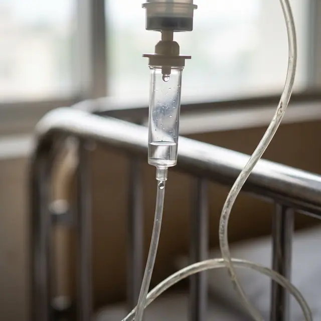 Close-up view of an IV drip chamber with a forming droplet and clear tubing, set against a
