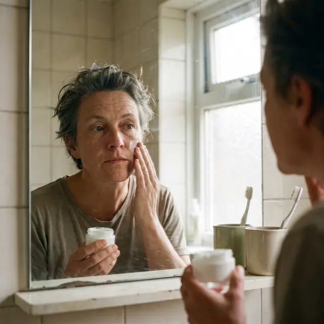 Close-up portrait of a person in their forties applying moisturizer in a bathroom mirror