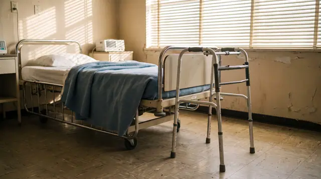 Quiet hospital room scene with a walking frame beside a bed and a folded blanket, bathed in