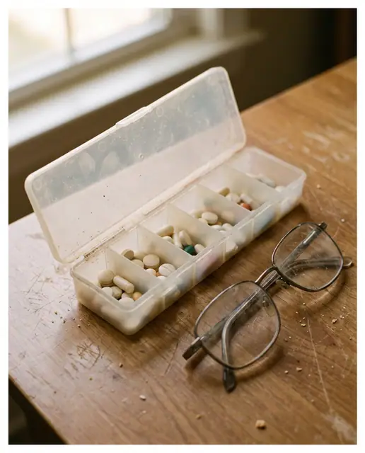 Open weekly pill organizer with assorted unbranded tablets and reading glasses on a kitchen