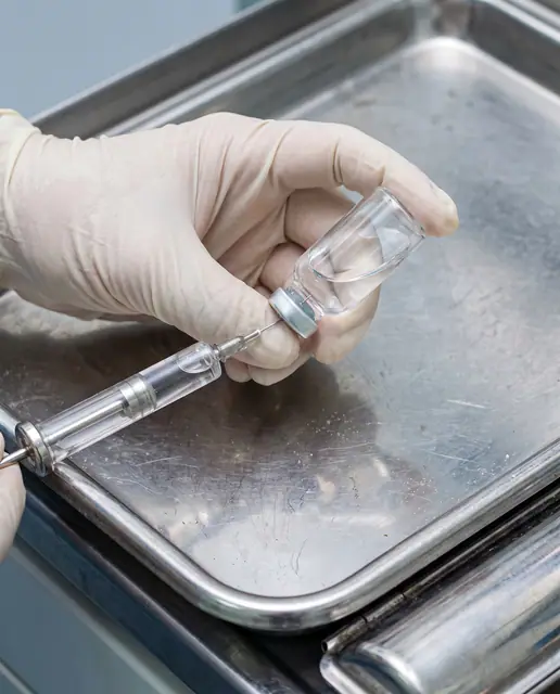 Close-up of a gloved hand preparing a syringe with clear liquid from a glass vial in a sterile