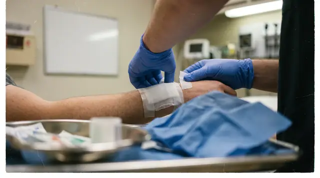 Gloved hands carefully applying a sterile dressing to a patient's forearm in a clean clinical