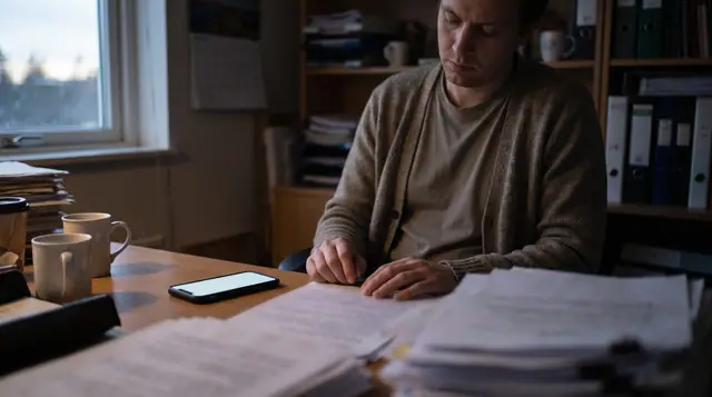 Employee alone at a cluttered desk with papers and a phone, illuminated by soft natural light
