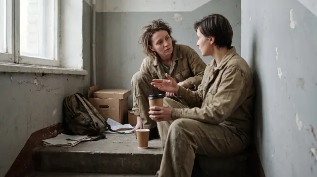 Two business colleagues having a quiet, attentive conversation while sitting on a concrete