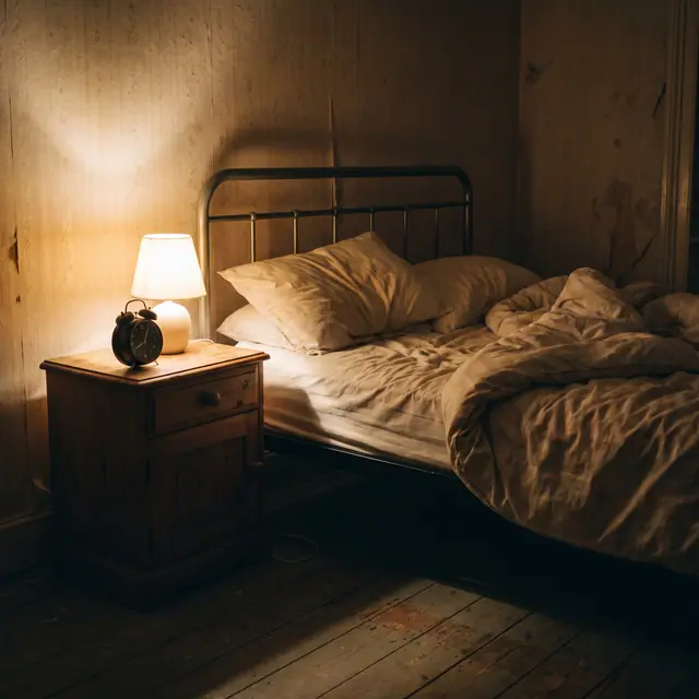 Messy unmade bed illuminated by a warm bedside lamp in a dark, empty bedroom at night