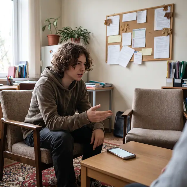 Authentic scene of a school counselor providing support to a thoughtful teenager in a private