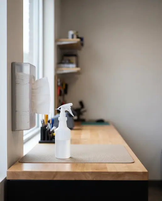 Lens cleaning station tissue dispenser spray bottle workplace