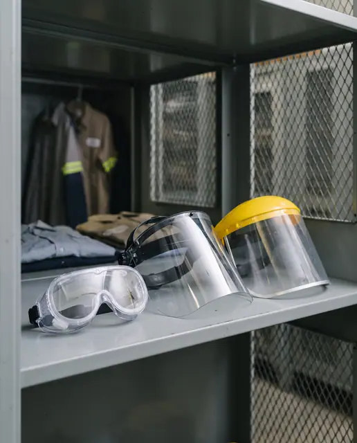 Eye protection goggles face shield visor locker shelf workplace