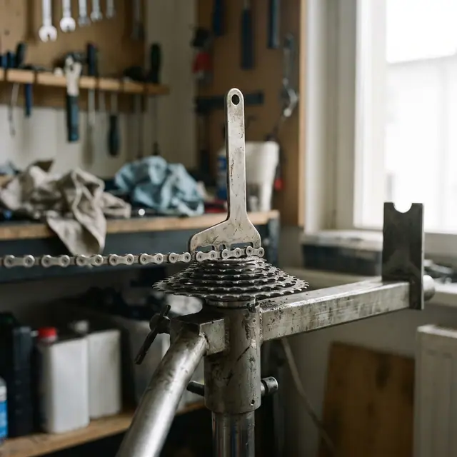 Close-up view of a bicycle drivetrain and degreased cassette on a repair stand with a chain