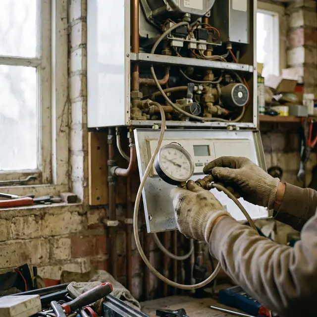 Engineer's hands holding a manometer, performing a diagnostic test on a domestic boiler with