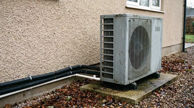 Modern air source heat pump unit installed on the side of a rendered residential house wall