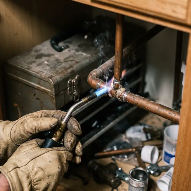 Close-up of a professional plumber's gloved hands using a gas torch to expertly solder a