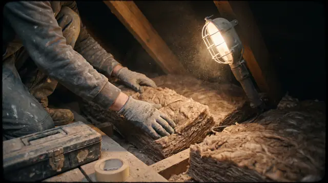 Construction worker's gloved hands carefully placing mineral wool insulation between wooden