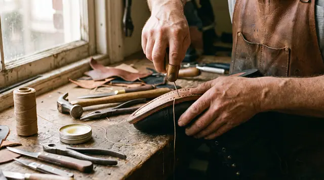 Cobbler's hands meticulously stitching a leather boot welt with an awl and waxed thread in a