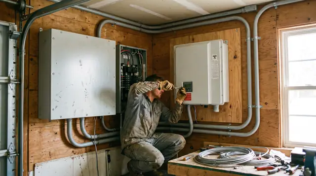 Professional electrician installing and wiring a wall-mounted solar power inverter system in a