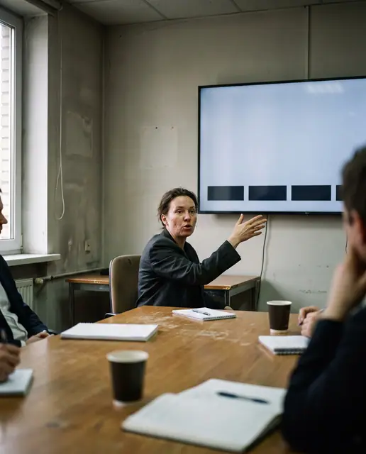 Professional speaking in a modern office meeting room with a screen displaying real-time blank